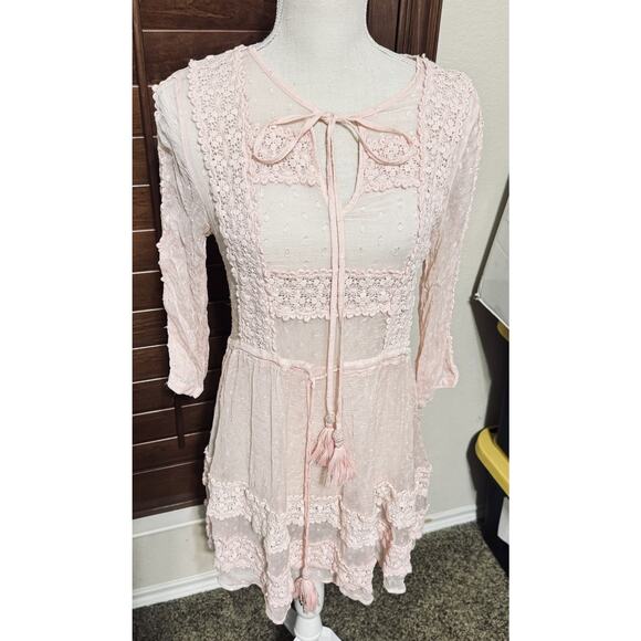 Chelsea & Violet Dresses & Skirts - Chelsea Violet Dress Womens M Pink Sheer Lace Boho Romantic Coquette